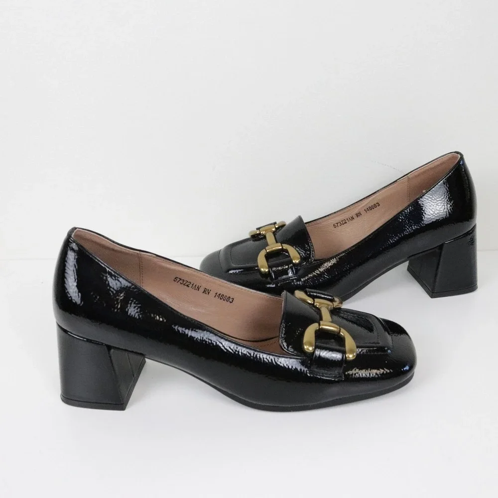 Anthropologie Bibi Lou Valencia Loafer Pumps Heels Black Patent Leather 37 6.5